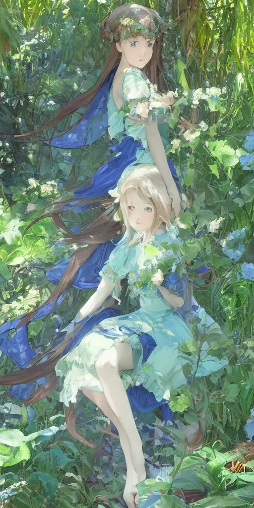 Image similar to a digital art of a loli with long hair in a dress in the privet garden at after noon, green and warm theme, blue accents, by krenz cushart and mucha and akihito yoshida and greg rutkowski and makoto shinkai, low angle, back lighting, detailed eyes, 4 k resolution, trending on art station