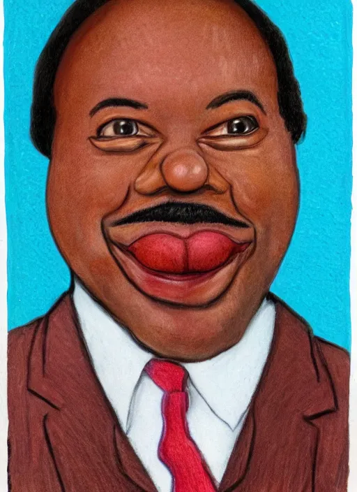 Image similar to ( ( ( caricature of leslie david baker as stanley hudson of the office television series ) ) ) pastels, head to waist, light coming from the right side, red background,