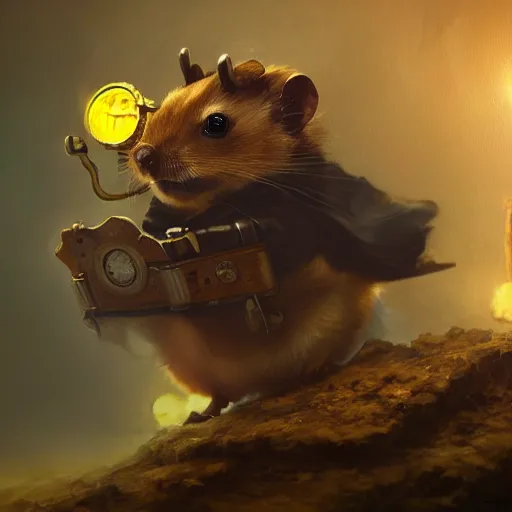 Image similar to oil painting of steampunk hamster on duck, , sharp focus, fantasy style, octane render, volumetric lighting, steampunk city, 8k high definition, by greg rutkowski, highly detailed, trending on art Station, explosions, magic the gathering artwork, centered