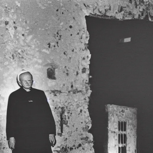 Image similar to award - winning photograph of john paul ii standing in the entrance to a small burning church building, at night, pitch black, christian cross