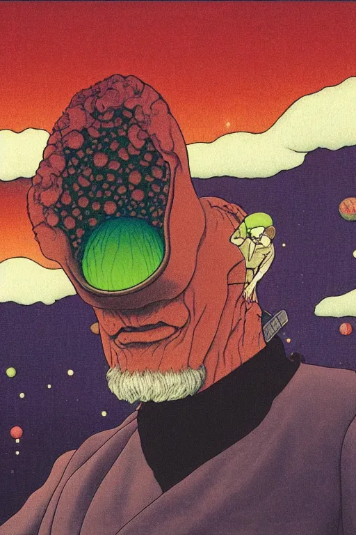 Prompt: a closeup portrait of an old man tripping his balls on acid and magic mushrooms in space, by kawase hasui, moebius, edward hopper, colorful flat surreal design, hd, 8 k, artstation