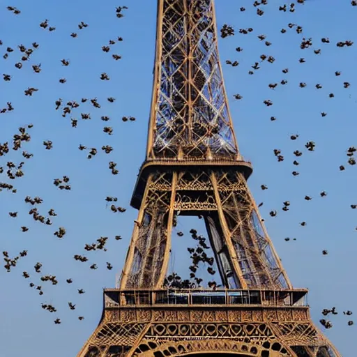 Prompt: the eiffel tower, covered in wasps nests, long shot