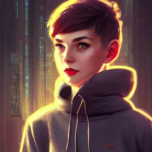 Image similar to character portrait of a 1950s girl in a hoodie, pixie cut, dystopian cyberpunk steampunk soviet mood, intricate, wild, highly detailed, digital painting, artstation, upper body, concept art, smooth, sharp focus, illustration, art by artgerm and greg rutkowski and alphonse mucha