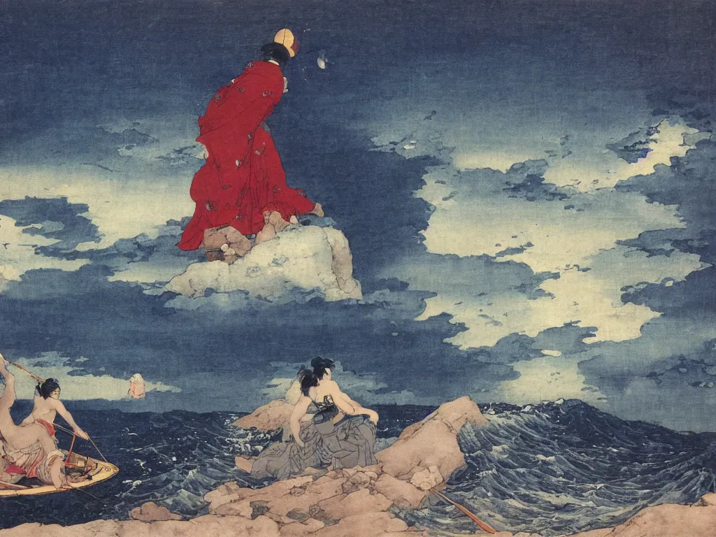 Prompt: a storm that falls on ulysses alone on a boat in the sea, orientalism, ukiyo - e, arnold bocklin, loneliness, trending on artstation,