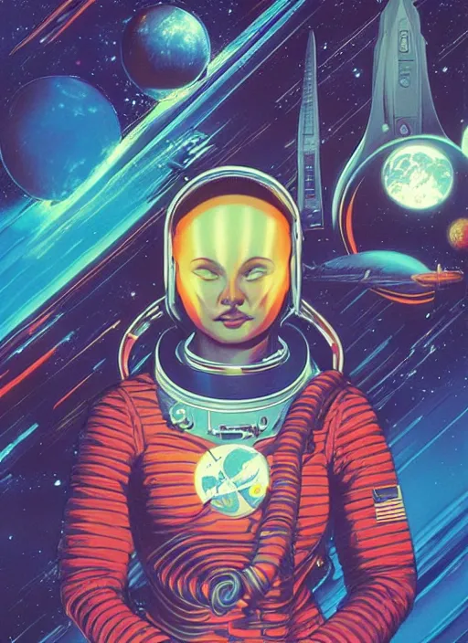Image similar to meditating astronaut high details, intricate details, by vincent di fate, artgerm julie bell beeple, 1 9 8 0 s, inking, vintage 8 0 s print, screen print