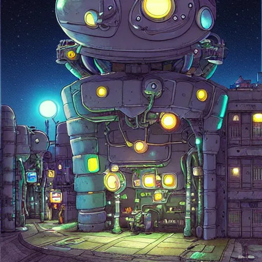 Image similar to fantasycore street view of futuristic machinarium tokyo at night by michael whelan and naomi okubo and dan mumford. cute ver.ka mecha machinarium robots. cel-shaded. glossy painting.