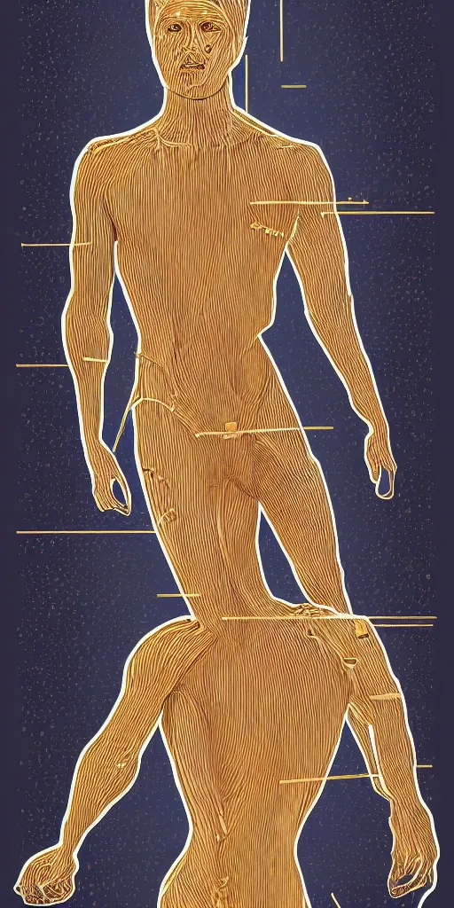 Prompt: whole undistorted human body with thin golden lines transparent crystals and _ textiles pinup _ poster _ of _ the _ pale _ blond _ androgynous soldier lucius _ by j c