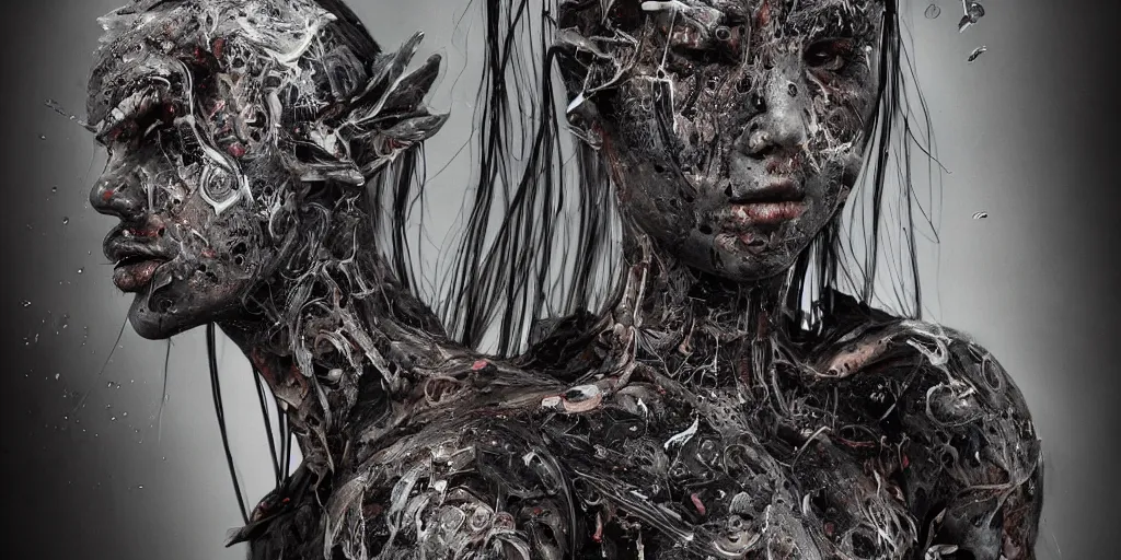 Prompt: hyperrealistic splatterpunk photography of a highly detailed and symmetrical gorgeous cyborg nymph awash in a sea of black soot in the style of beth cavener, jin kagetsu, james jean and wlop, highly detailed, face symmetry, masterpiece, award - winning, sharp focus, intricate concept art, ambient lighting, 8 k, artstation