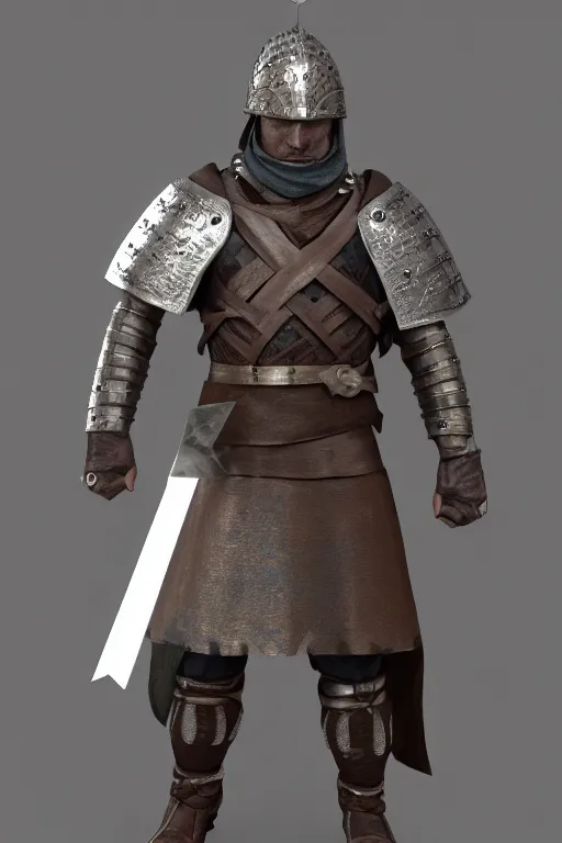 Prompt: character model of a medieval warrior, 3 d, 4 k, ultra - hd, character concept model, bright volumetric lighting, physically - based render