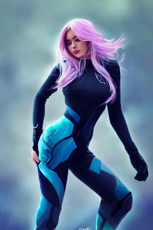 Prompt: a stunning picture of a beautiful young woman wearing futuristic deep black battle bodyarmor and leggings with ombre navy blue teal hairstyle blowing in the wind by marvel comics, digital art, trending on artstation