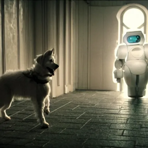 Prompt: movie still of robot white swiss shepperd dog, cinematic composition, cinematic light, criterion collection, by edgar wright