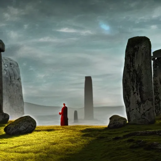 Image similar to highly detailed landscape with two monks praying with stonehenge in the background 1 9 8 0 s science fiction, 1 9 7 0 s science fiction, cyberpunk, moody, misty, depth perception, 4 k, artstation