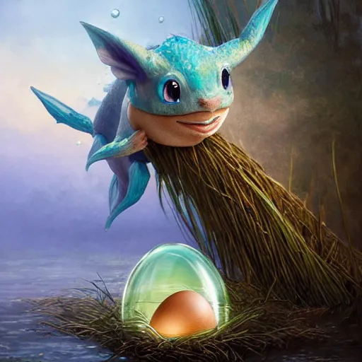 Prompt: a small vaporeon hatching out of an egg, on a riverbank, reeds, fantasy digital painting, stunning intricate details, artwork by ross tran and greg rutkowski