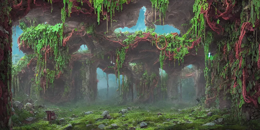 Prompt: Vines dripping from a portal made of stone. Detailed digital matte painting in the style of simon stalenhag