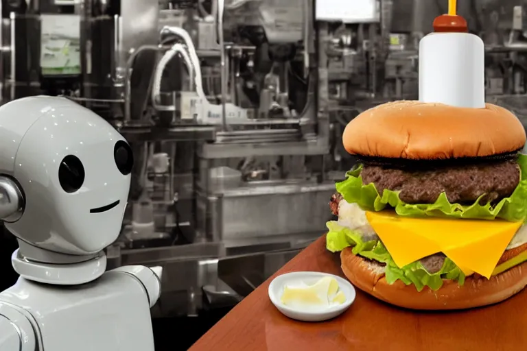 Image similar to robot eating cheese burger