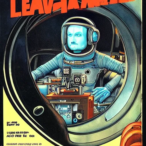 Image similar to “cutaway illustration of an android head, revealing inside is an small anthropomorphic rat sat in a pilots seat, operating levers and joysticks. Pulp sci-fi magazine cover illustration”