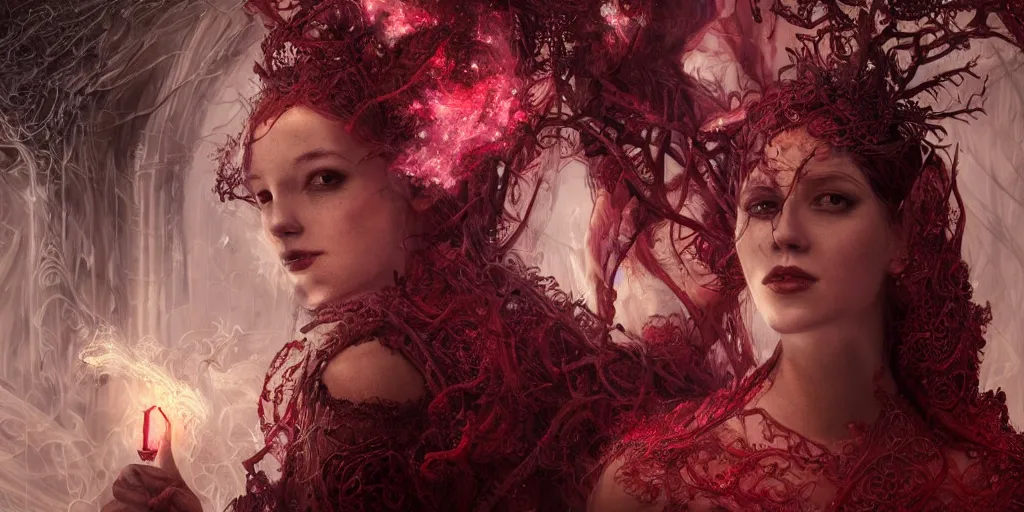 Prompt: necromancer couple wedding, by tom bagshaw and greg rutkowski, red fabric, fiber amethyst weaving into strands of smoke and brass and iron metal filigree joining into carbon fiber strands, fractal shapes, white explosions, dramatic lighting, ultra detail, close up, dof, smooth render, cinematic, octane render, art nouveau, fine art