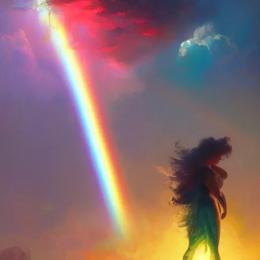 Image similar to A beautiful shiny rainbow with a smiling face, illustrated by Greg Rutkowski and Gaston Bussiere, grim lighting, beautiful volumetric lighting, misty atmosphere, Trending on artstation, 4k, 8k