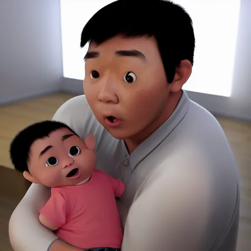 Image similar to shocked asian man cannot believe his eyes that he is holding a baby charles barkley at hospital, artstation, pixar, 3 d render