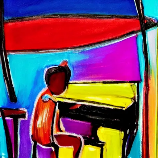 Prompt: teenager playing piano music art colorful notes moving dinamic fuzzy cool brush strokes stains lines colors