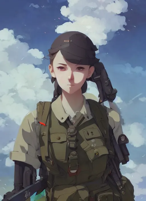 Image similar to portrait of cute soldier girl, cloudy sky background lush landscape illustration concept art anime key visual trending pixiv fanbox by wlop and greg rutkowski and makoto shinkai and studio ghibli and kyoto animation soldier clothing military gear realistic anatomy pale skin