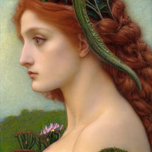 Image similar to Beautiful Pre-Raphaelite goddess of snakes, in the style of John William Godward and Anna Dittman, close-up portrait, porcelain skin, head in focus, flowers and plants, etheric, moody, intricate, mystical,