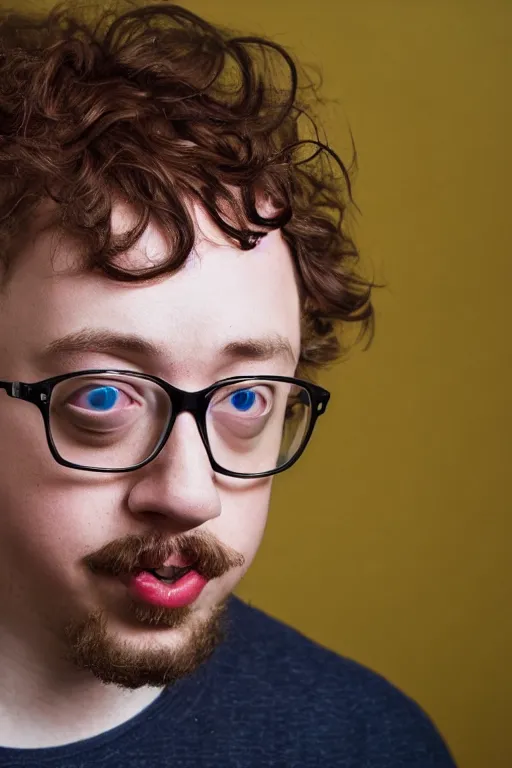 Image similar to portrait of Sam Hyde, in the style of Studio Ghibli, sigma male, rule of thirds, award winning photo, highly detailed features, raining, ethereal lighting, bizarre house