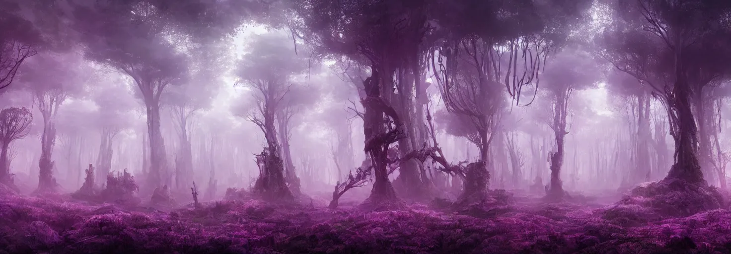 Image similar to dense bismuth fractal fungal forest, megalophobia, silhouettes, pinks and purples, volumetric fog, intricate, highly detailed, concept art, masterpiece, background parallax layer