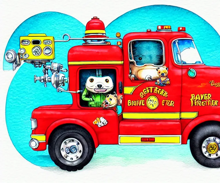 Image similar to cute and funny, beaver driving a tiny fire truck with an oversized engine, ratfink style by ed roth, centered award winning watercolor pen illustration, isometric illustration by chihiro iwasaki, edited by craola, tiny details by artgerm and watercolor girl, symmetrically isometrically centered