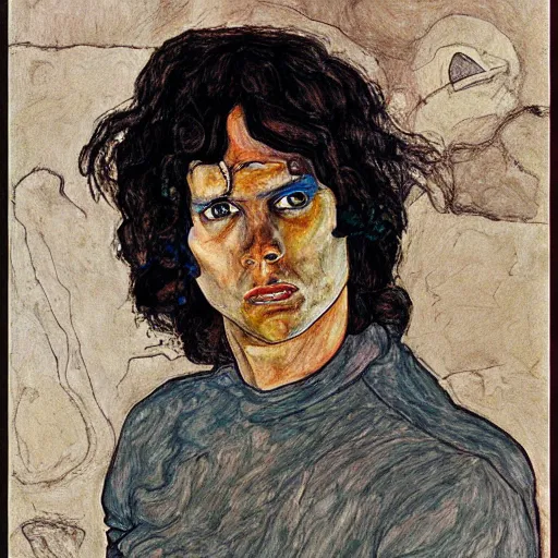 Image similar to portrait of jim morrison by egon schiele in the style of greg rutkowski