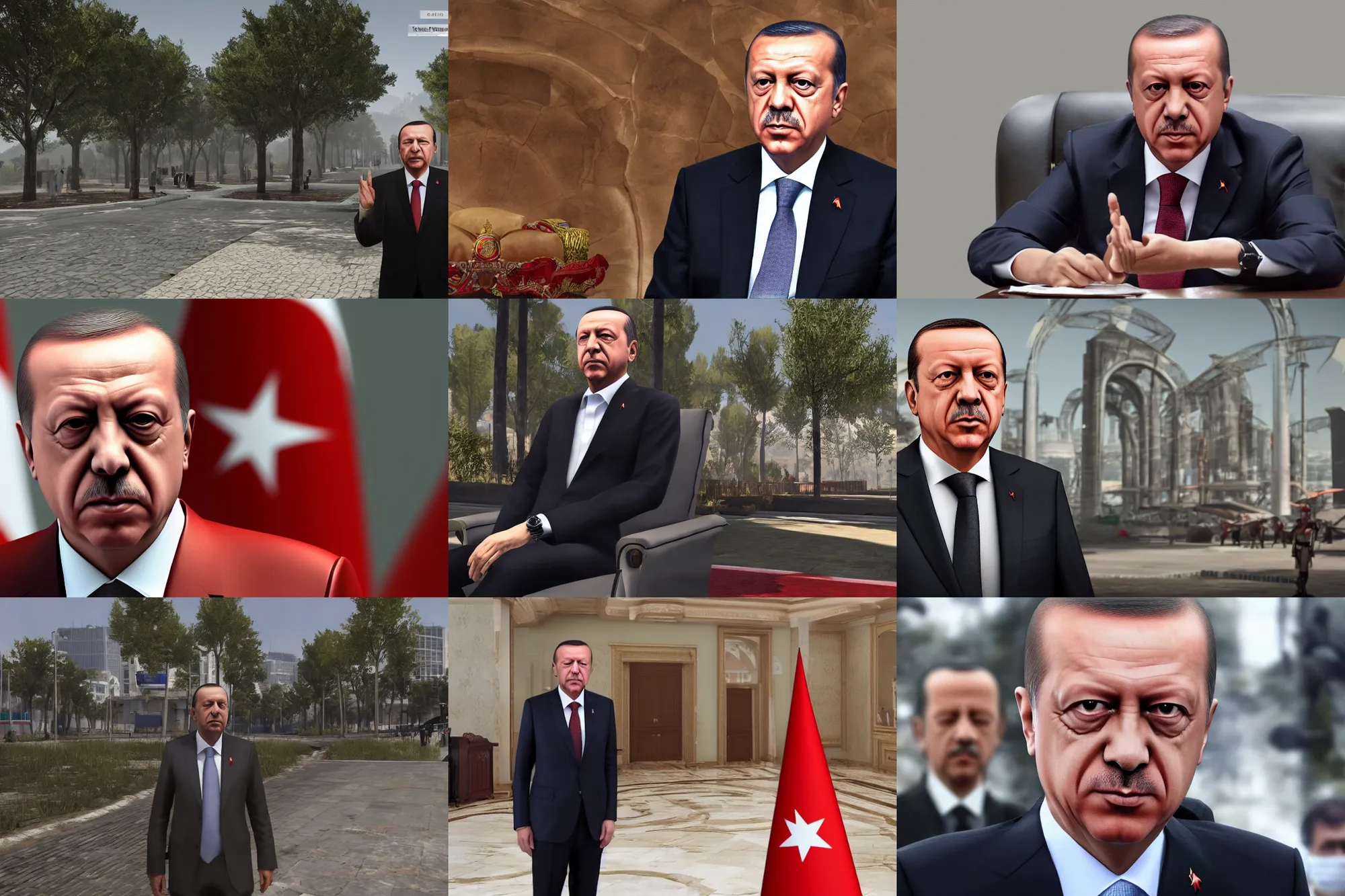 Prompt: tayyip erdogan in an open world game, hyperralistic, unreal engine, 8 k, raytracing, subsurface scattering