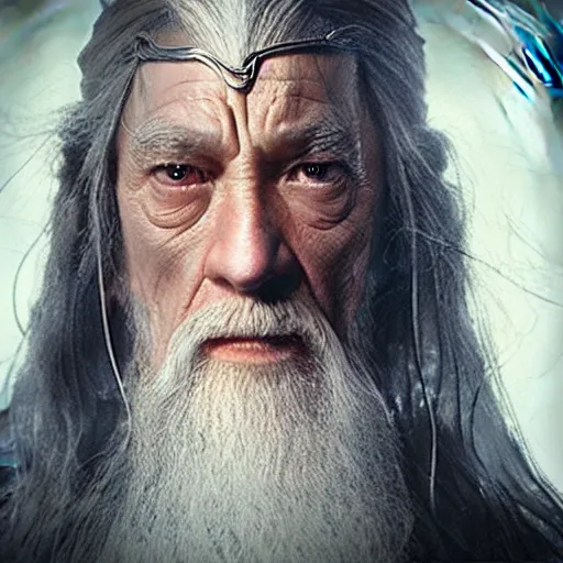 Image similar to a still from “ lord of the rings ” of a head and shoulders portrait of fei lung dressed like gandalf, photo by phil noto