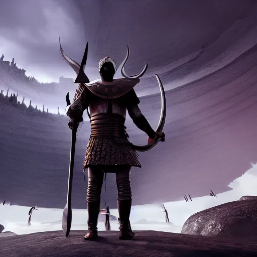 Image similar to a mighty viking warrior standing in front of a landscape of valhalla, big and structured valhalla city, viking heaven, god rays, inspired by norse mythology, portal to outer space, 4k digital art unreal engine trending on artstation