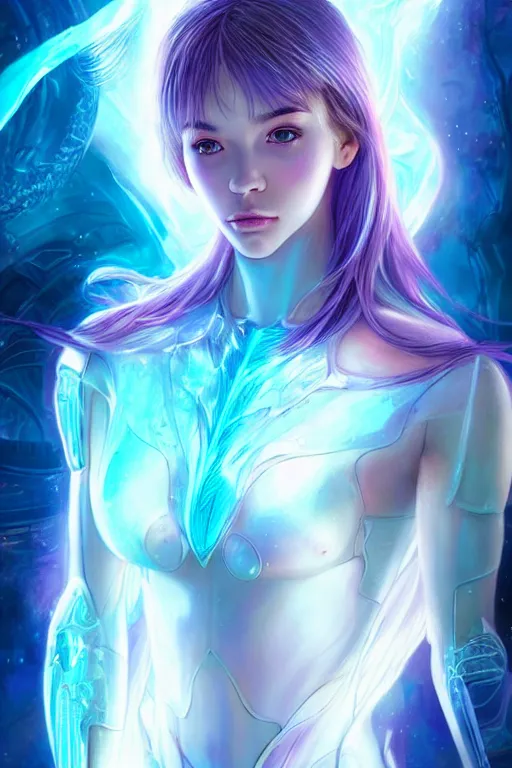 Image similar to a photographic portrait of an attractive young girl, partially clothed in ethereal armor, surrounded by colorful transparent plasma, emitting psychic powers, beautiful bone structure, perfectly proportioned face, perfect eyes, intricate, elegant, highly detailed, hyper detailed, trending on tumblr, by artgerm, by loish, fantasy scene, fantasy aesthetic, from Valerian and the City of a Thousand Planets, trending on Artstation