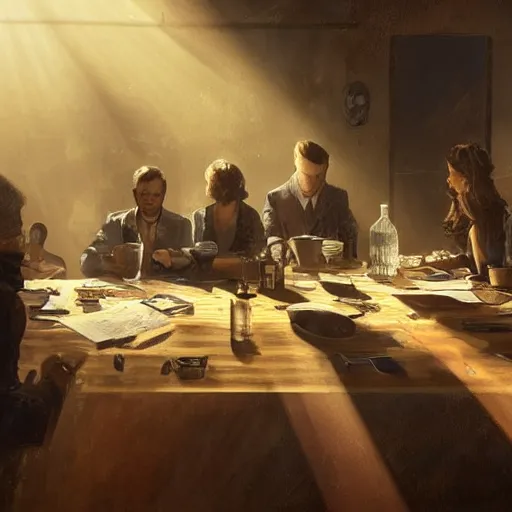 Image similar to a table with 1 0 people all sitting, buisness, vintage decor, illumanati, serious, craig mullins, warm sunlight threw the roof, dust particles illuminated in the sun beam,