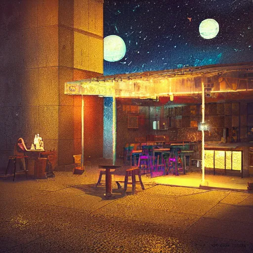 Prompt: “celestial tavern. clear night sky. vibrantly lit. oil paint feel. hyperreal octane render”