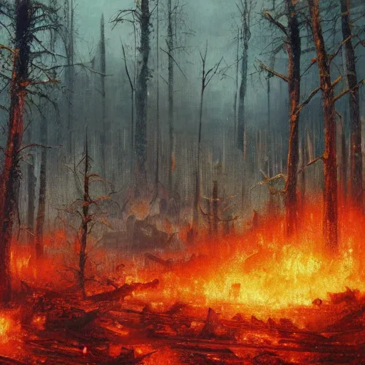 Image similar to a destroyed forest in a extreme fallout, with radioactive rain and flames everywhere by greg rutkowski, 4 k, realistic oil painting