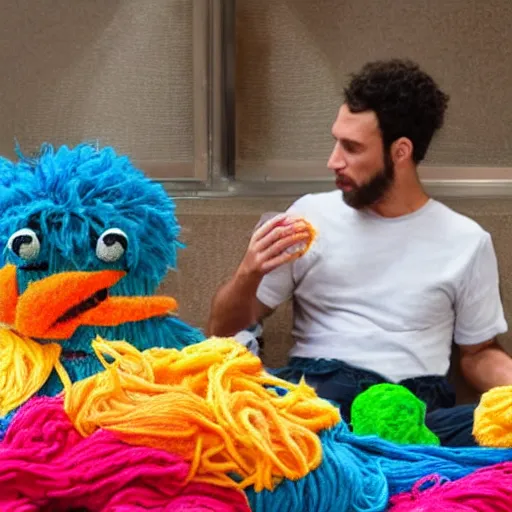 Prompt: a man eating colorful yarn, with a dinner plate of a pile of muppets