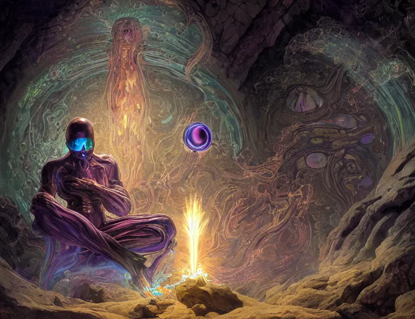 Prompt: a baroque neoclassicist sci - fi portrait of a colorful chrome marble creature meditating in a cave with big glowing eyes. iridescent textures. glowing fog, black background. highly detailed fantasy science fiction painting by moebius, norman rockwell, frank frazetta, and syd mead. rich colors, high contrast, artstation