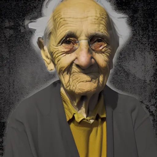 Image similar to detailed half body digital art of a old person wearing ragged and ruined clothes. the background is pure black with a little bit of glow behind the character