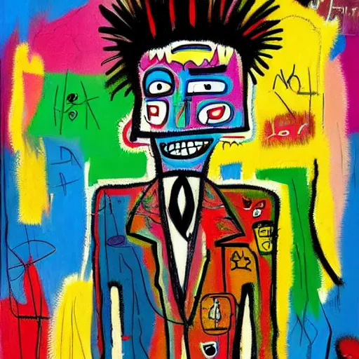 Image similar to colorful odd colors detailed abstract neo expressionism chaotic oil painting of sad boy business man depressed with tattoos by basquiat