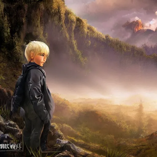 Prompt: blonde boy fantasy thief, realistic, ultra detailed, menacing, powerful, dark, shallow focus, forest, mountains in the background concept art design as if designed by Wētā Workshop