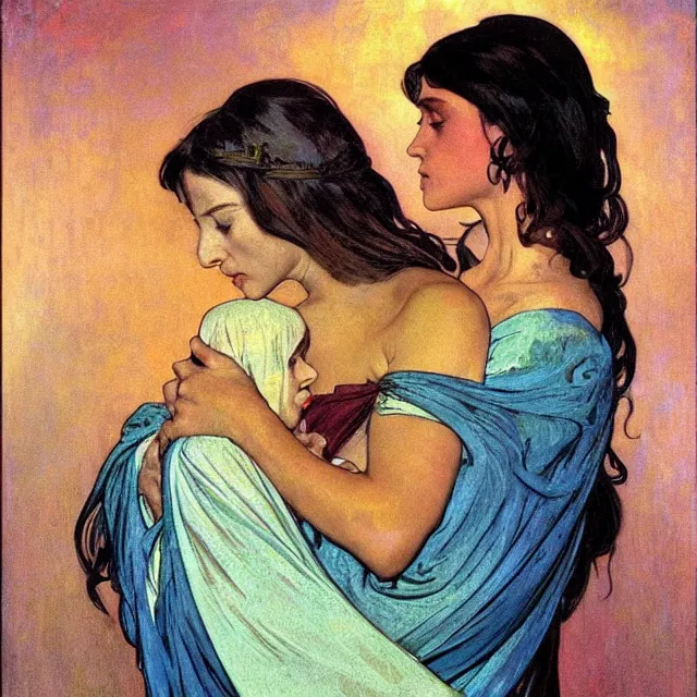 Image similar to an aesthetic portrait of a woman crying mournfully while cradling a swaddled child, by frank frazetta and alphonse mucha, oil on canvas, bright colors, art nouveau, epic composition, dungeons and dragons fantasy art, hd, god - rays, ray - tracing, crisp contour - lines, huhd - 8 k