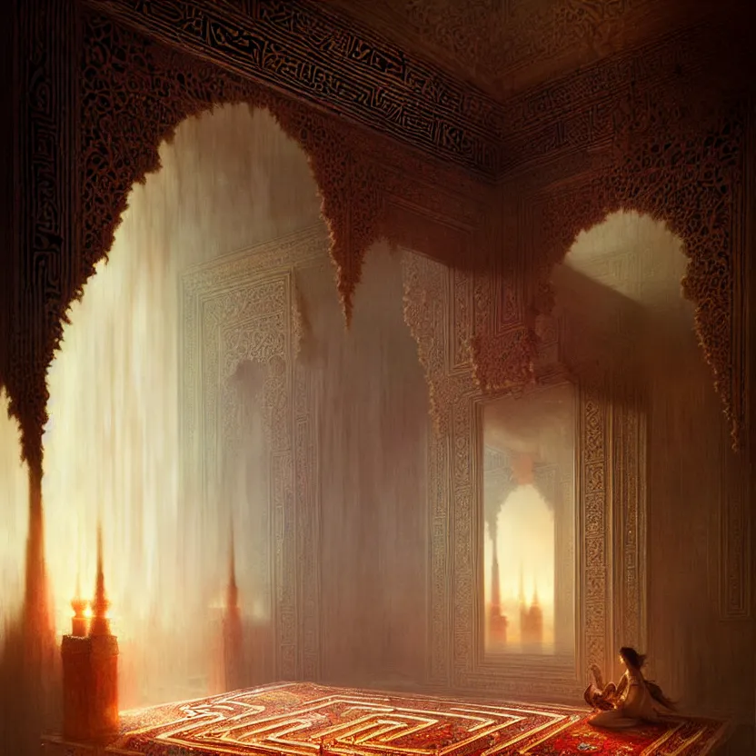 Image similar to magic fluffy Persian carpet & mirror dimension, vertical labyrinth structure, by Greg Rutkowski and Gaston Bussiere, dim lighting, beautiful volumetric-lighting-style atmosphere, surreal atmosphere, intricate, detailed, photorealistic imagery, artstation