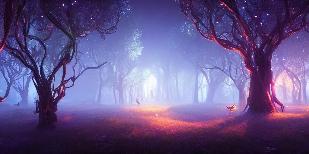 beautiful view of a nightime magical forest, winding | Stable Diffusion ...