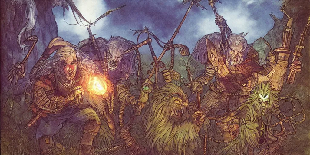 Prompt: the witcher fighting bioluminescent monsters in a ghibli cartoon, by larry elmore and brian froud,