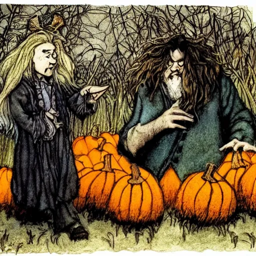 Image similar to a color illustration of hagrid and harry in a pumpkin patch by arthur rackham