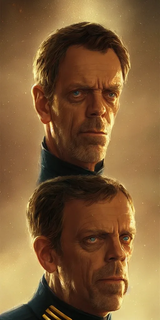 Image similar to portrait of Hugh Laurie wearing his starfleet captains uniform, close face shot, realistic character concept, high fantasy, light atmosphere, golden ratio, cinematic lighting, hyperdetailed, high resolution, insanely detailed and intricate, artstation, Marc Simonetti, Greg Rutkowski