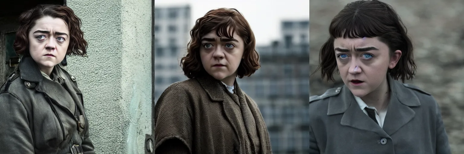 Prompt: close-up of Maisie Williams as a detective in a movie directed by Christopher Nolan, movie still frame, promotional image, imax 70 mm footage