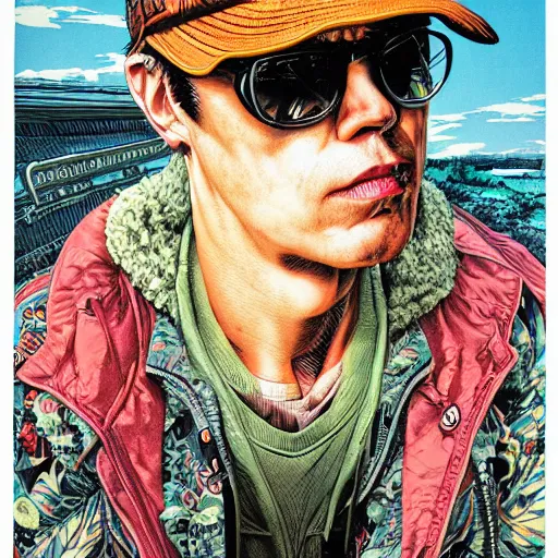 Image similar to portrait of hunter thompson, symmetrical, by yoichi hatakenaka, masamune shirow, josan gonzales and dan mumford, ayami kojima, takato yamamoto, barclay shaw, karol bak, yukito kishiro